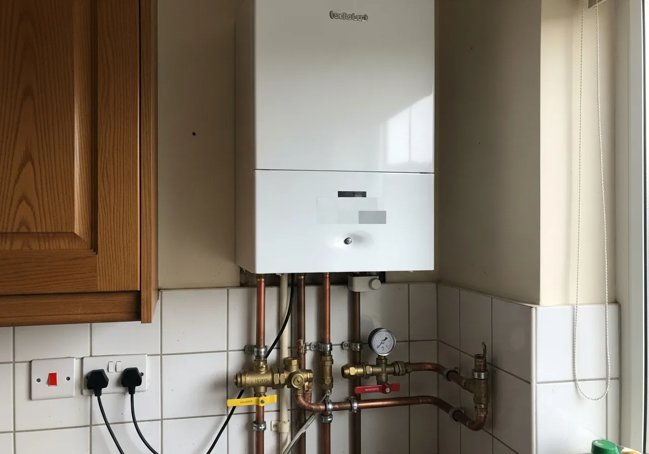 Newly installed Worcester Bosch combi boiler with copper pipework in a Wolverhampton kitchen