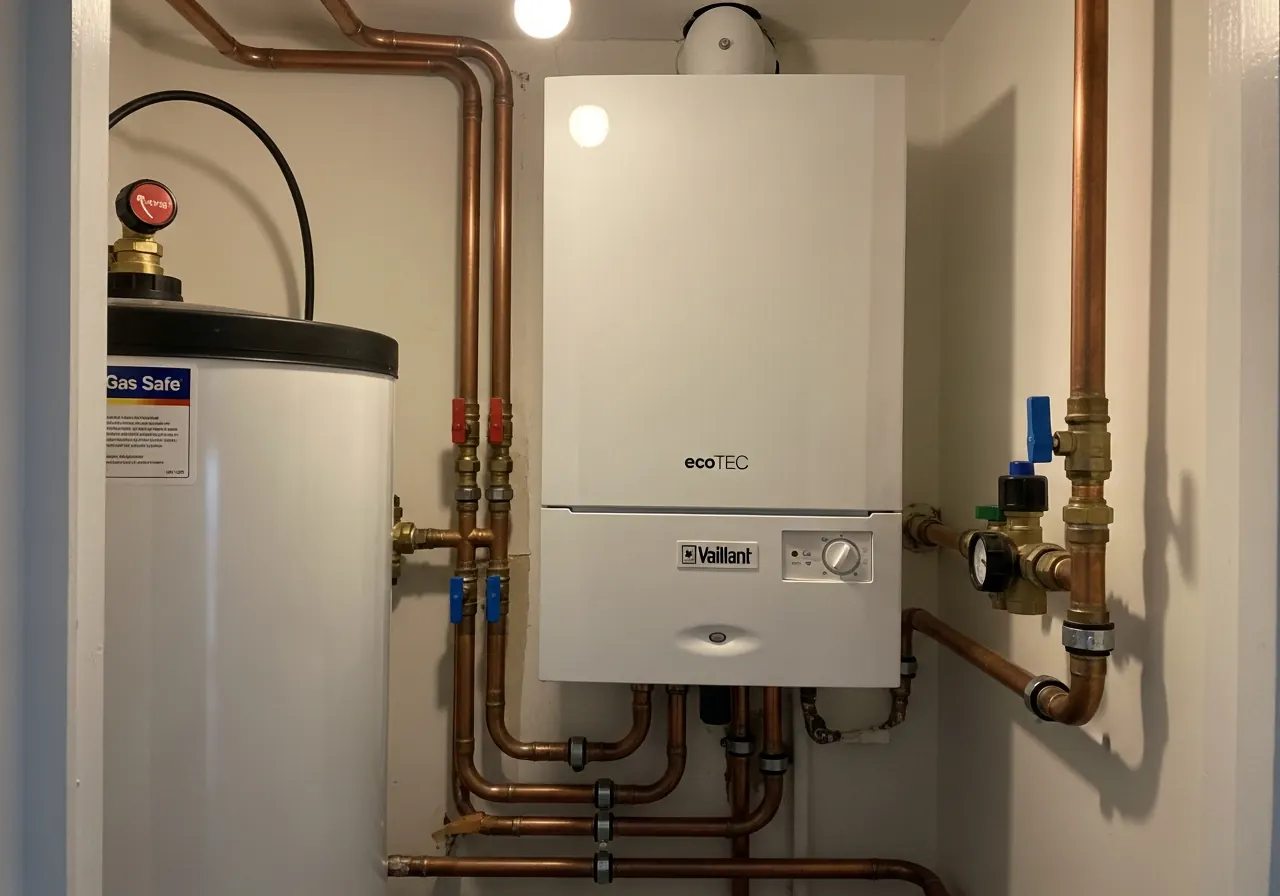 Newly installed Vaillant system boiler in a Walsall airing cupboard