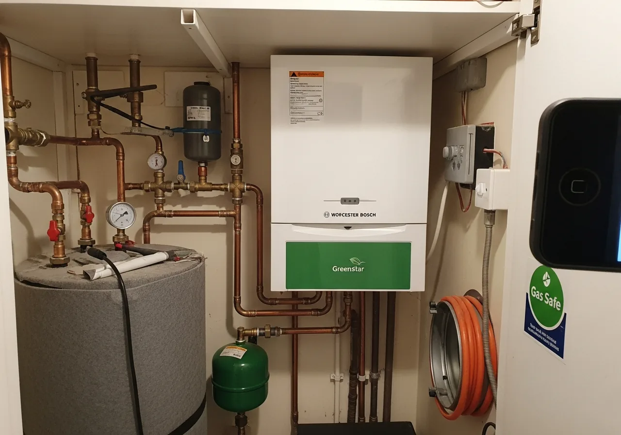 Worcester Bosch combi boiler newly fitted with bright copper pipework in a Dudley home