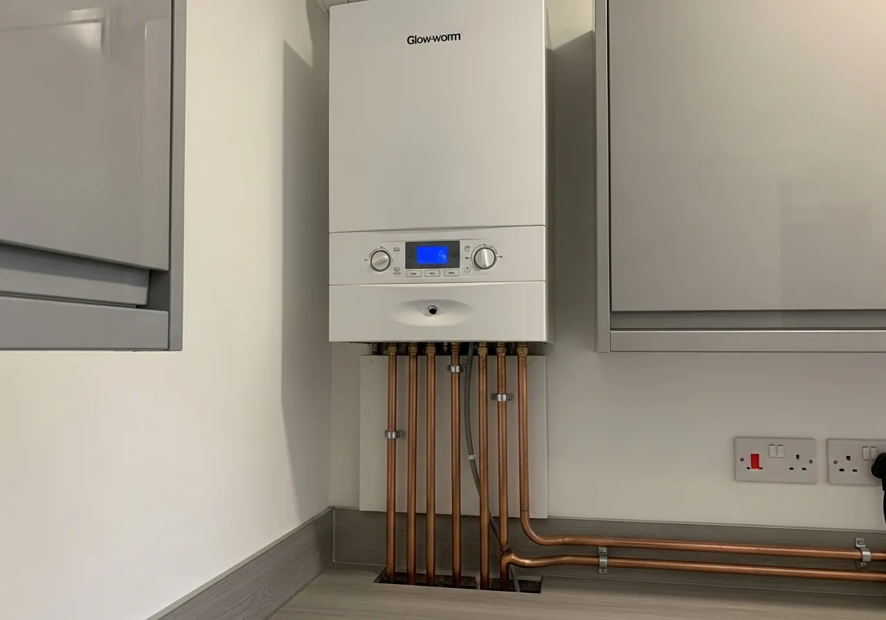 Glow-worm compact combi boiler newly installed in a Wednesbury flat kitchen