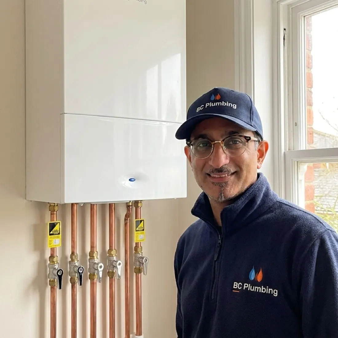 VJ from BC Plumbing & Gas standing beside a freshly installed Worcester combi boiler