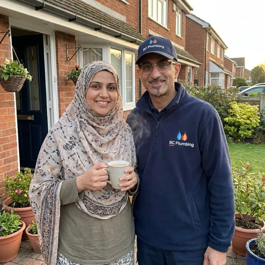 VJ from BC Plumbing with Aisha, a happy customer in West Bromwich