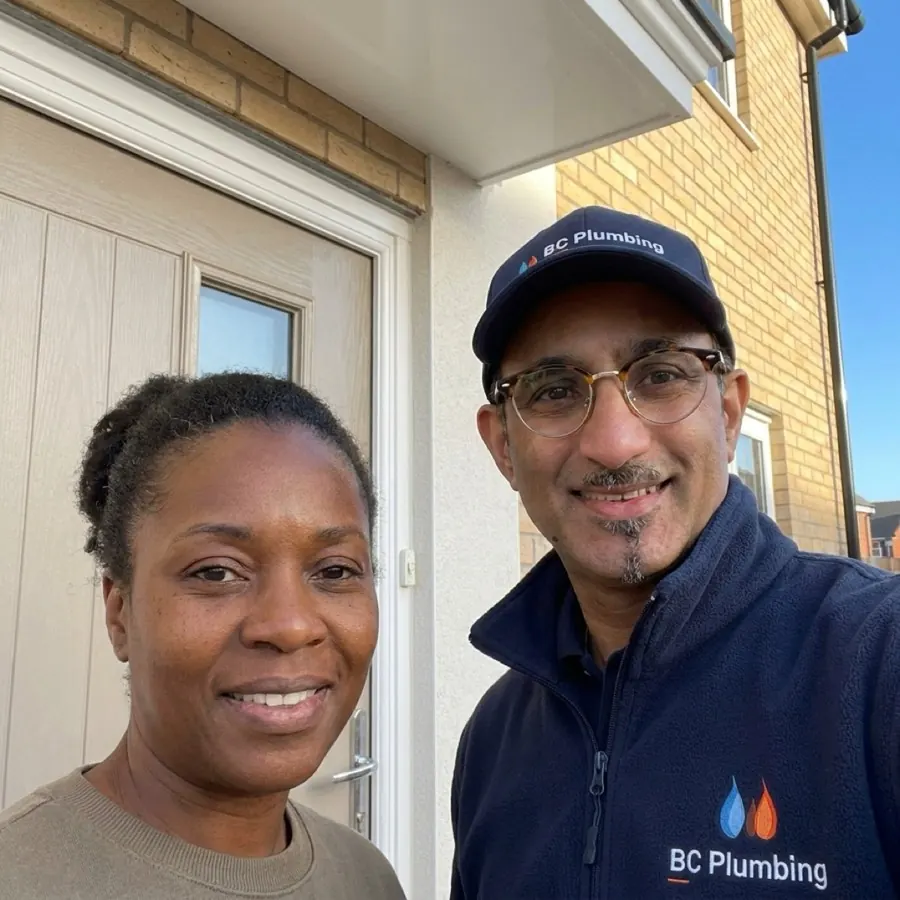 VJ from BC Plumbing with Lisa, a happy customer in Dudley