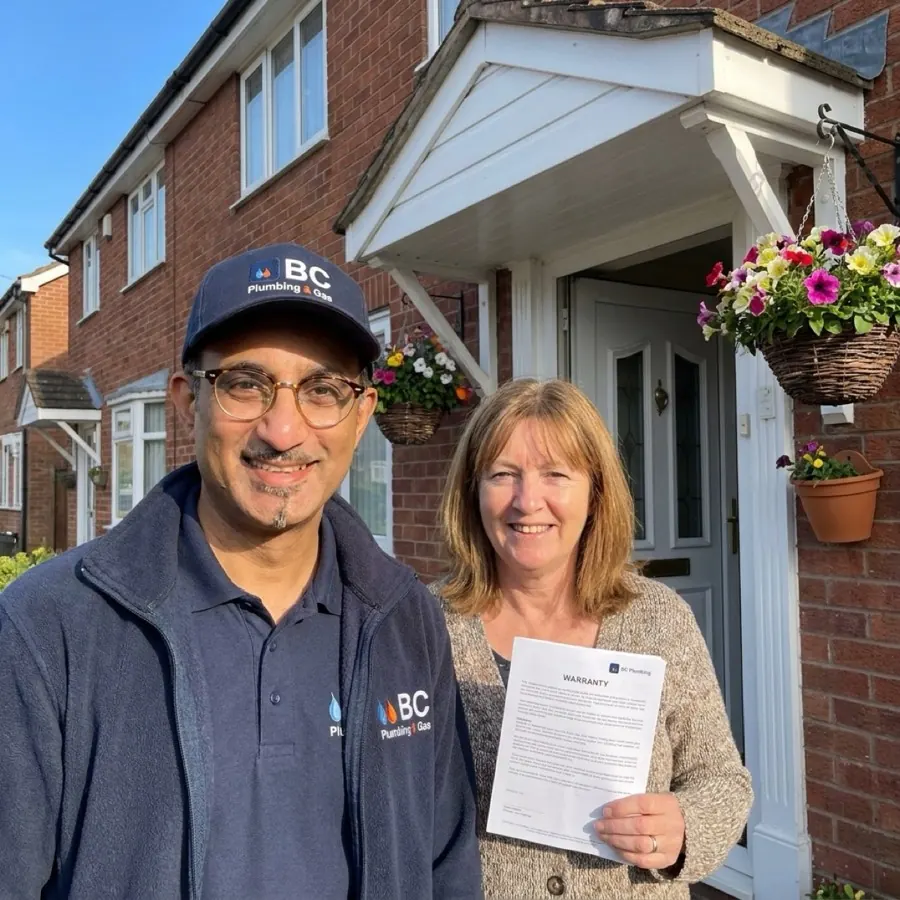 VJ from BC Plumbing with Sandra, a happy customer in Wolverhampton