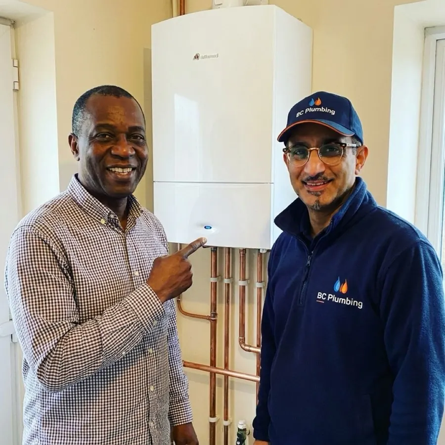 VJ from BC Plumbing with Trevor, a happy customer in Wednesbury