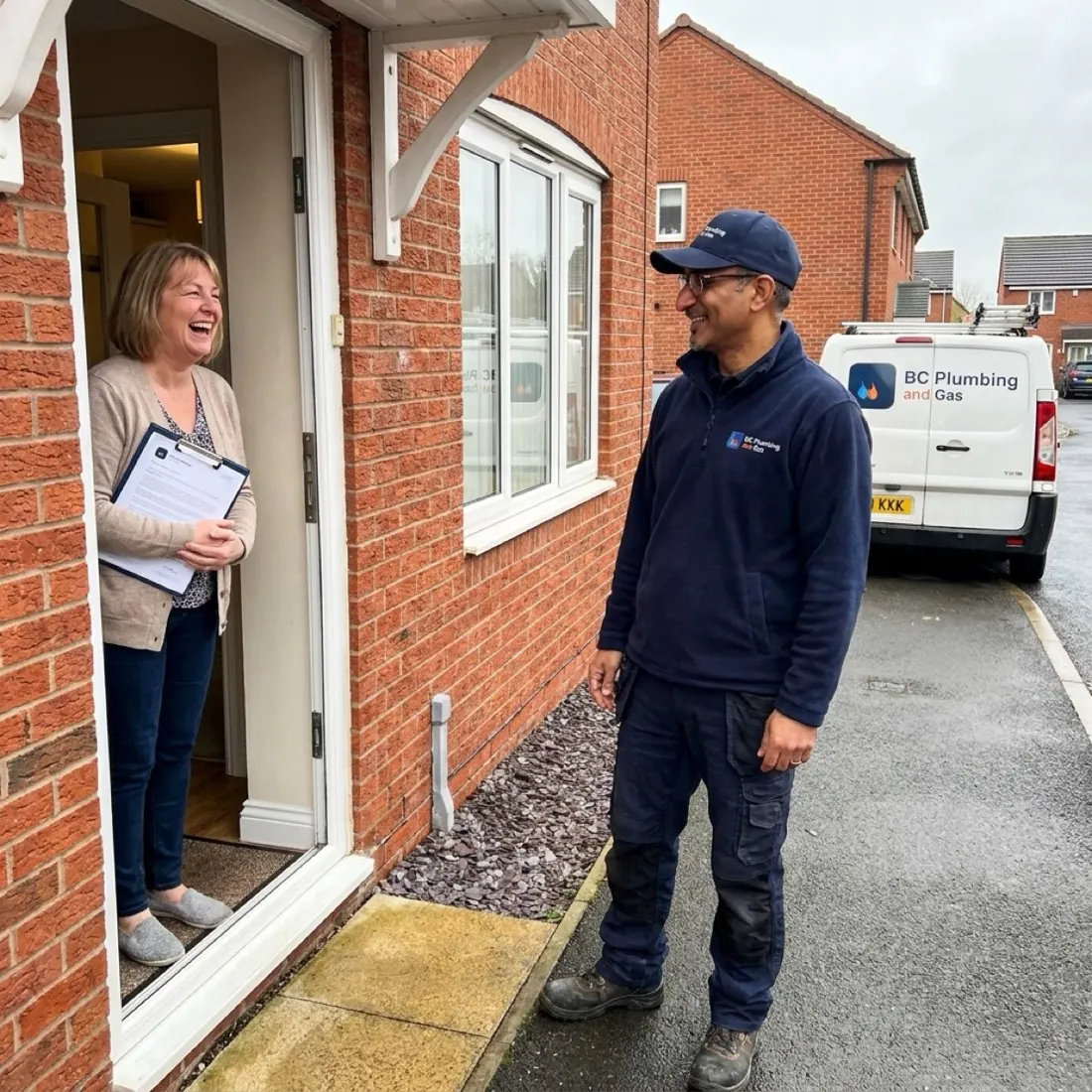 VJ from BC Plumbing handing over the Gas Safe service certificate to a Wolverhampton customer at her doorstep